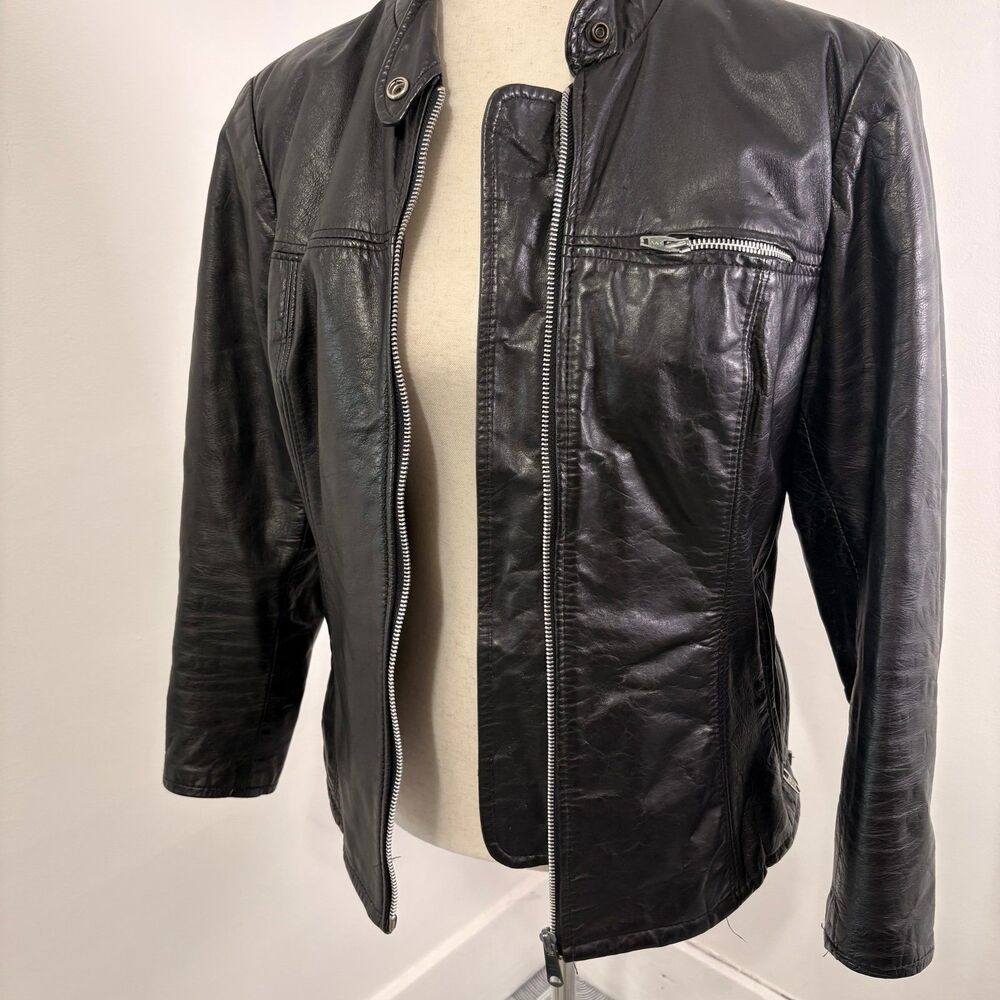 Vintage 70s Black Leather Motorcycle Jacket Sz 15 - Picture 8 of 12